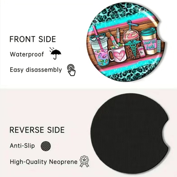 NIP 2 Pack Cup Holder Coasters NURSE Anti Slip Rubber Cup Mat with Finger Groove - Picture 4 of 4